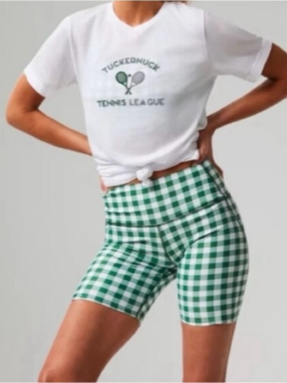 TUCKERNUCK | Sport Trellis Green Gingham High-Rise Bike Shorts 6” inseam | S